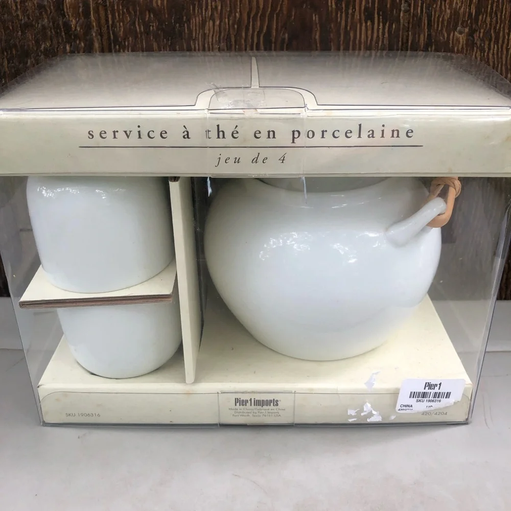 Pier 1 Boxed Porcelain Teapot Set, Teapot & 4 Cups, NIB
